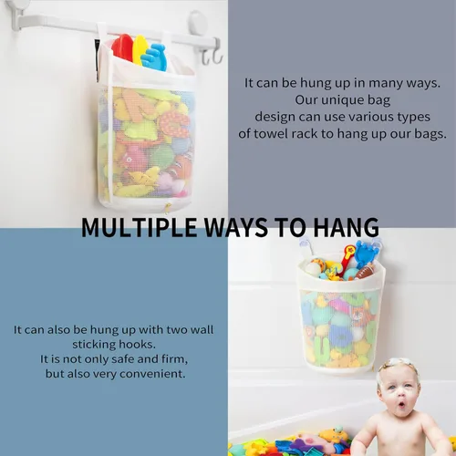 Miniatura 4 de Organizador de juguetes de baño de malla para bebé de gran capacidad, múltiples formas de colgar, almacenamiento de juguetes de baño de apertura