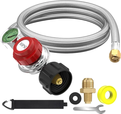 Regulador de propano de alta presión ajustable de 5 pies 0-30 PSI con medidor, indicador de flujo de gas de 0~60 PSI, manguera de propano de acero