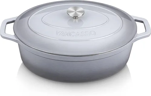 vancasso Horno holandés de hierro fundido esmaltado, olla holandesa de 9.3 cuartos de galón con tapa, olla ovalada de hierro fundido con Gris