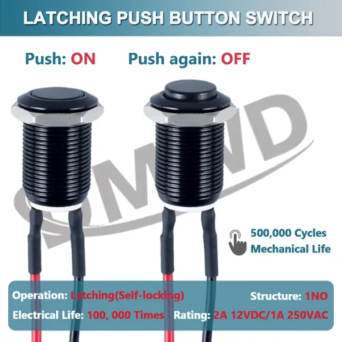 Miniatura 2 de 5 piezas 12 mm Interruptor de botón de cierre con cabeza elevada ON-Off normalmente abierto con cable presoldado, carcasa de aleación de aluminio