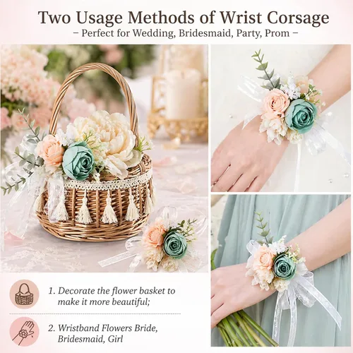 Miniatura 5 de Thyle 4 cestas de flores con 4 ramilletes azules para muñeca de boda pequeños tejidos de ratán de 5.12 x 8.27 pulgadas, cesta floral de mimbre
