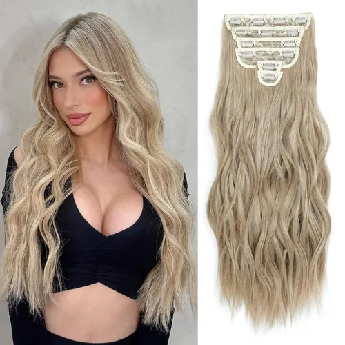Miniatura 10 de Extensiones de cabello con clip para mujer, negro natural con reflejos marrones, 20 pulgadas, 6 piezas, extensiones de cabello largo, ondulado