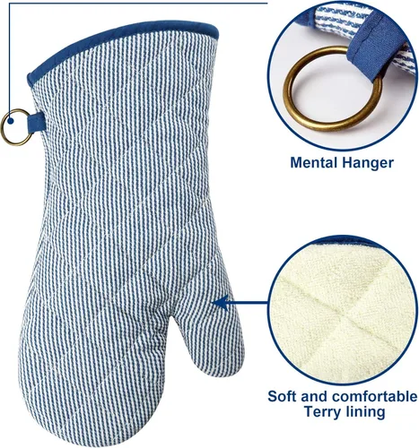 Miniatura 5 de 1 par de guantes de horno teñidos de hilo 100% algodón, resistentes al calor, guantes de 470 grados, para hombres y mujeres, para cocinar, hornear