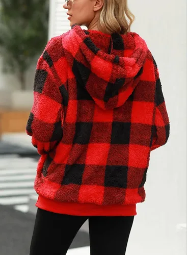 Miniatura 4 de Nirovien - Sudadera con capucha para mujer, sherpa, sin botones, de gran tamaño, mullida, de vellón doble, abrigada, suave, a cuadros