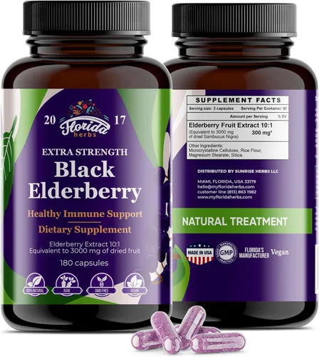 Cápsulas de saúco negro | 180 unidades | Vitaminas de saúco Sambucus sin OMG, sin gluten, extracto de saúco orgánico Sambucus Nigra