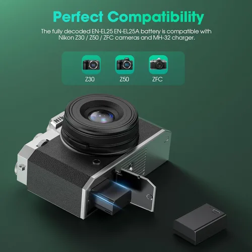 Miniatura 3 de FirstPower Batería EN-EL25 EN-EL25a, paquete de 2 unidades de 1600 mAh con carga rápida USB-C, compatible con Nikon ZFC, Z30, Z50 cámara y cargador