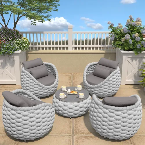 Miniatura 30 de TWT 3-Piece Woven Rope Patio Furniture Set, 2 Outdoor Armchairs with Soft Cushions + Round Aluminum Coffee Table, All-Weather Conversation Set for