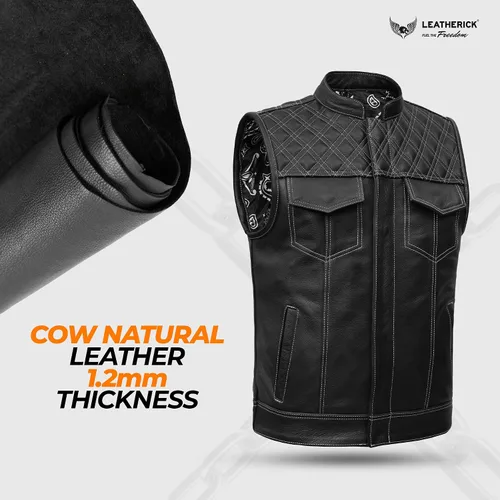 Miniatura 6 de Leatherick Mens Black Motorcycle Vests - Top Grain Cow Leather SOA Club & Traditional Paisley Satin Liner Leather Biker Vests