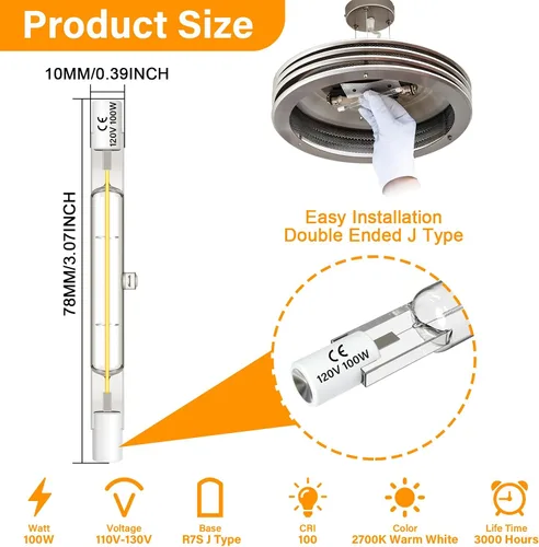 Miniatura 2 de R7S - Bombillas halógenas de 100 W, 120 V, 3.071 in, tipo J, T3, 100 vatios, 3 pulgadas de largo, filamento de doble extremo, lámparas de tubo
