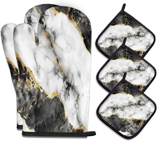 Miniatura 16 de MCALK Juego de 5 piezas de manoplas de horno geométricas grises y agarraderas, guantes de horno grises y almohadillas térmicas para cocinar