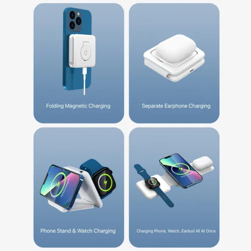 Miniatura 5 de Estación de carga inalámbrica 3 en 1, plegable, magnética, de 15 W, múltiples dispositivos, cargador rápido para iPhone 16/15/14/13/12, AirPods