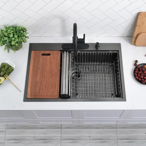 Miniatura 9 de Scamall - Fregadero de cocina con estación de trabajo, 33 x 22 x 10 pulgadas, fregadero de cocina negro 304 de acero inoxidable 304 con montaje