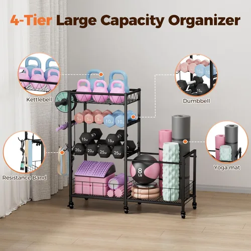 Miniatura 4 de HavenlyYouth Dumbbell Rack, Home Gym Weight Rack Storage, Adjustable Dumbbell Stand Organizer with Wheels, Holds Dumbbells, Kettlebells, Yoga Mats