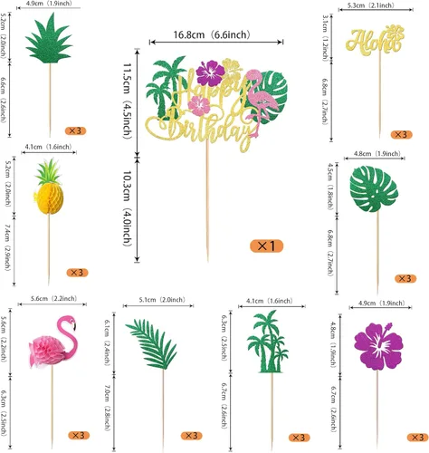 Miniatura 2 de Rsstarxi Paquete de 25 adornos tropicales para cupcakes Luau con decoración de pastel de flamenco de feliz cumpleaños, palmera, flamenco, piña