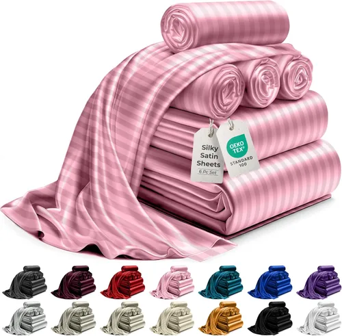 Miniatura 33 de DECOLURE Sábanas de satén para cama - Juego de 6 piezas de ropa de cama de lujo sedosa tamaño King - Más suave que la seda, sin arrugas con sábana