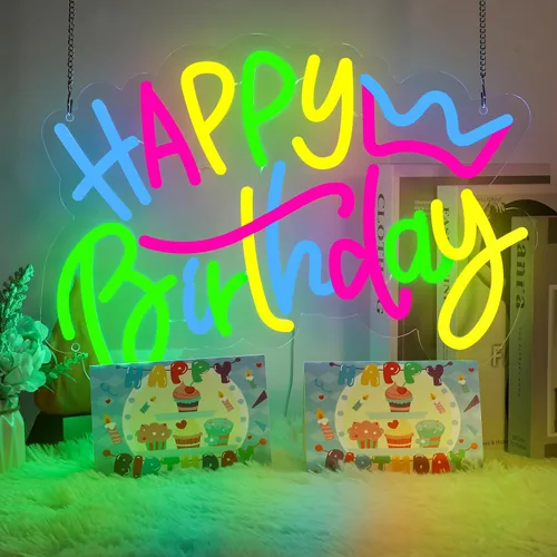 Letrero de neón de Feliz Cumpleaños – Letrero LED colorido con iluminación para fondos de fiestas de cumpleaños, alimentado por USB con función