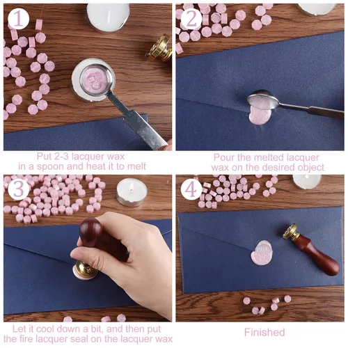 Miniatura 3 de Kit de 500 piezas de sello de cera - Cuentas de sello octogonales rosas con 4 velas de té y 1 cuchara para derretir cera para manualidades, cartas
