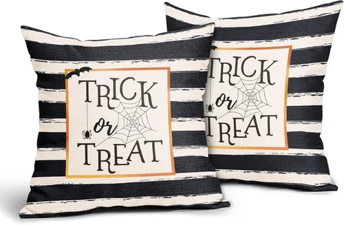 Miniatura 8 de Kawani Juego de 2 fundas de almohada de Halloween con diseño de truco o trato de 16 x 16 pulgadas, diseño de rayas blancas y negras, fundas