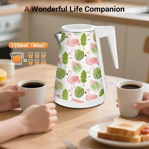 Miniatura 5 de Hervidor de agua interior de acero inoxidable de doble pared de 1.2L, inalámbrico, ebullición rápida de 1000W con luz LED, cafetera y tetera Flamenco