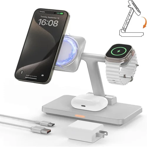 Miniatura 3 de Estación de carga inalámbrica MagSafe 3 en 1: Soporte plegable portátil JoyGeek para iPhone 17 16 15 14 13 Pro Max Plus, Apple Watch, AirPods Pro