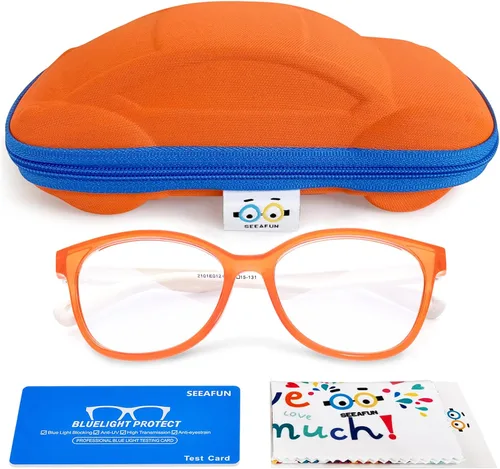Miniatura 16 de Gafas de luz azul para niños y niñas con bonita funda de automóvil, protección UV400, antirayos azules, edades de 3 a 12 años Azul transparente