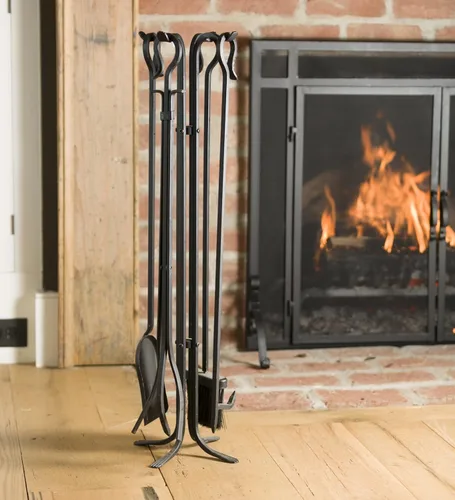 Miniatura 9 de Plow & Hearth Juego de 5 herramientas compactas de hierro forjado a mano para chimenea de 27.5 pulgadas Mango de hierro forjado negro