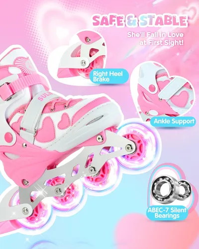 Miniatura 5 de SULIFEEL Love Hearts - Patines en línea ajustables de 4 tamaños para niñas con pompones esponjosos, ruedas iluminadas de 3 a 12 años, regalo de Rosa