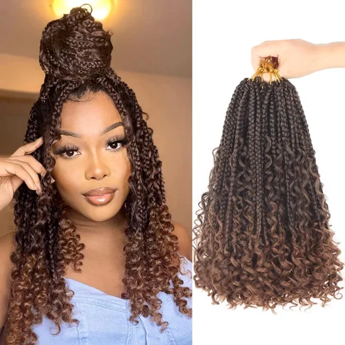 Miniatura 37 de Goddess Box Braids - Trenzas de cabello a ganchillo con extremos rizados, trenzas de caja bohemianas de 16 pulgadas, trenzas de ganchillo, 8 1B-4-30