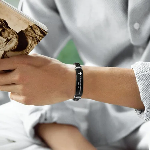 Miniatura 5 de Pulsera de cuero para hombre, regalo de sobriedad para hombre: cita inspiradora/versículo bíblico grabado, pulsera trenzada negra para hombre