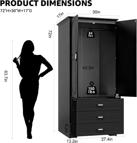 Miniatura 3 de FJTJBSI Armario Armario con 3 cajones y luz LED de 72 pulgadas, armario de madera para dormitorio con 2 puertas y manijas de puerta de cerámica