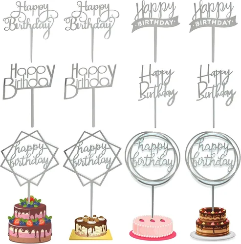 Miniatura 9 de Juego de 12 adornos para tartas de cumpleaños de varios estilos, decoración acrílica para tartas de cumpleaños, suministros de decoración de fiesta