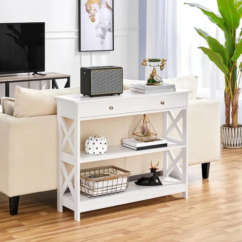 Miniatura 9 de Yaheetech Mesa consola con cajón, mesa de entrada de 3 niveles con estantes de almacenamiento, mesa de sofá estrecha de madera para Blanco