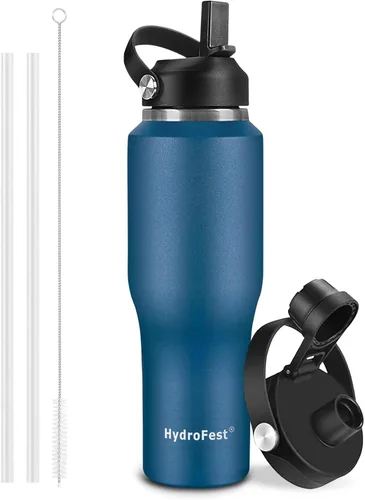Miniatura 12 de Botella de agua de 32 onzas aislada con popote, botellas de agua a prueba de fugas, botella de agua para hombre, acero inoxidable para gimnasio