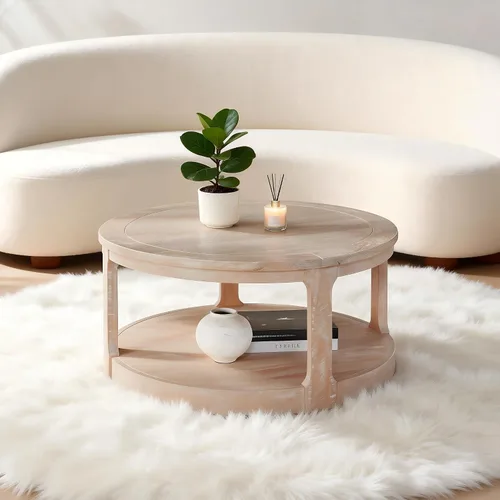 Miniatura 12 de Mesa de centro moderna de madera redonda acanalada, Ø31.5 x 13.8 pulgadas de alto, espacio pequeño, color marrón, tambor circular, centro estriado