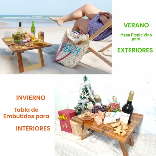 Miniatura 4 de SASIDO Mesa portátil de picnic de vino, madera de acacia, bandeja más grande plegable, tablero de charcutería, regalo de vino, decoración