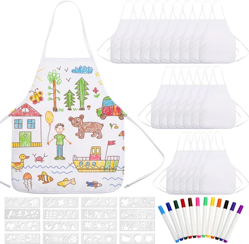 Pllieay 52 delantales para niños, delantales blancos para niños con bolígrafo de colores y plantillas de diario para pintura, cocina, cocina