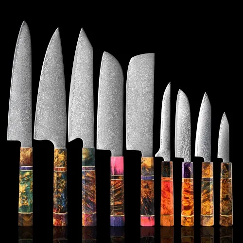 ZZYY - Juego de 9 cuchillos japoneses de acero de Damasco con mango de madera solidificada, cuchillos Nakiri, cuchillo de chef Santoku, cuchillo de
