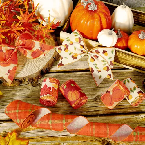 Miniatura 4 de Whaline 6 rollos de cinta de 30 yardas de otoño con borde de alambre de Acción de Gracias de otoño, naranja, a cuadros, calabaza, hojas de arce