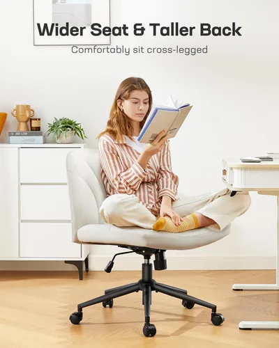 Miniatura 3 de Marsail Silla Cruzada con Ruedas: Silla de Oficina de Cuero PU con Patas Cruzadas, Silla de Escritorio Ancha sin Brazos, Silla Giratoria de Altura