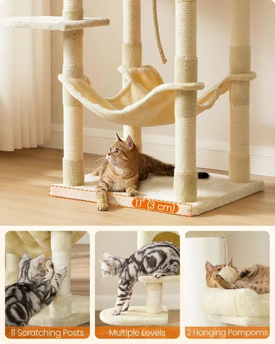 Miniatura 8 de Feandrea - Árbol para gatos, torre para gatos de 55.8 pulgadas, condominio de felpa de varios niveles con 11 postes rascadores, 2 perchas, hamaca