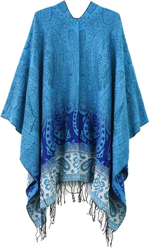 Miniatura 2 de Poncho con flecos, con estampado vintage, estilo retro, a la moda, para mujer. Capa, chal.