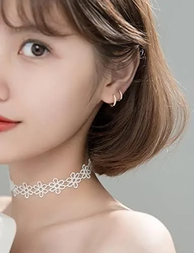 Miniatura 4 de Aretes pequeños en forma de círculo de plata de ley 925 con circonia cúbica, 3 pares de aros chapados en oro blanco de 14 quilates para piercing