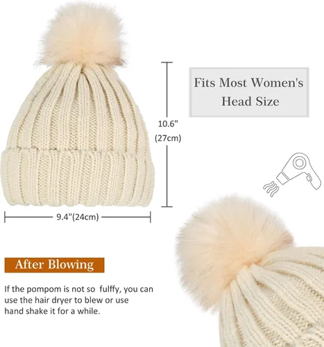 Miniatura 3 de Muryobao Gorro de invierno para mujer, con forro de satén, de piel sintética, con pompones, de punto, con forma de calavera