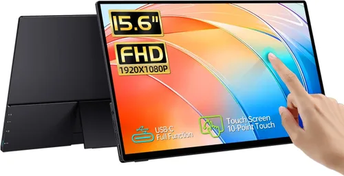 CAPERAVE Monitor Portátil Táctil de 15.6'', Pantalla Táctil FHD IPS con Vidrio Templado, Monitor de Viaje con Soporte y Altavoz, Monitores Externos