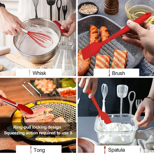 Miniatura 6 de LIANYU Utensilios de cocina de silicona roja de 12 piezas con soporte, juego de herramientas de cocina incluye espátula ranurada, cuchara, cucharón
