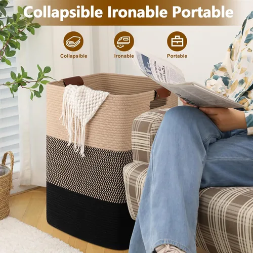 Miniatura 5 de Cesta de Ropa Sucia 96L Extra Grande Cesta de Lavandería, Cesta Tejida para Mantas, Cesta de Almacenamiento Tejida de Algodón con Asas para Sala