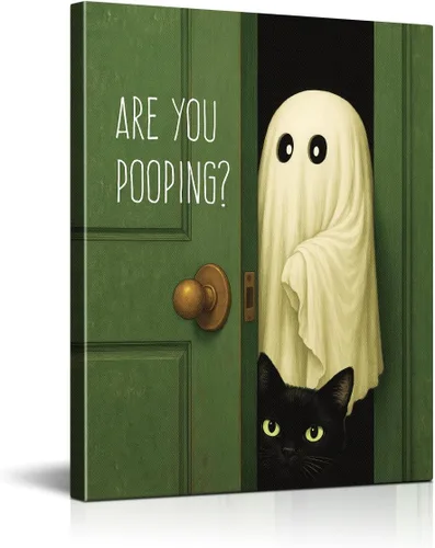 Divertido arte de pared de baño de fantasma, gato fantasma, bonita decoración de pared de baño fantasma, divertida obra de arte vintage para baño,