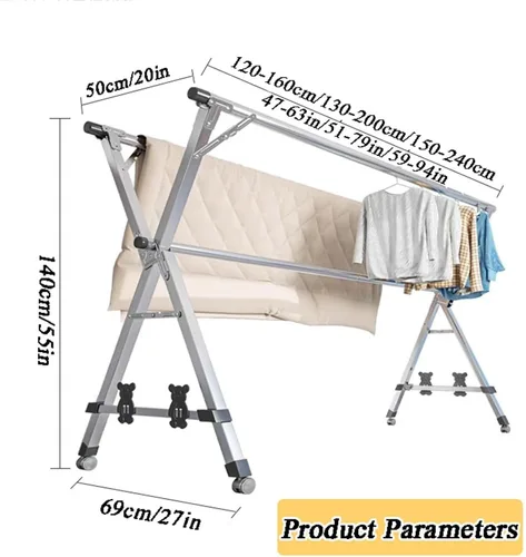 Miniatura 7 de Foldable Stainless Steel Clothes Drying Rack with Wheels, Adjustable Heavy Duty Laundry Rack for Indoor Outdoor Use(240cm/94in)