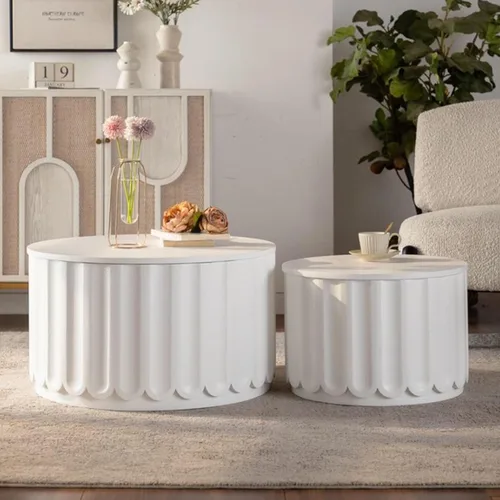 Miniatura 25 de WILLIAMSPACE Juego de 2 mesas auxiliares anidadas, mesas de café redondas de madera color naranja mate, mesas auxiliares modernas de lujo, mesa