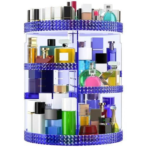 Organizador de maquillaje giratorio grande de 360 grados para mostrador, organizadores de maquillaje acrílico azul, organizador de perfumes,